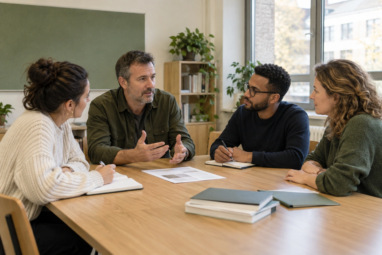 Un formateur échange avec trois adultes autour de leurs supports de cours.