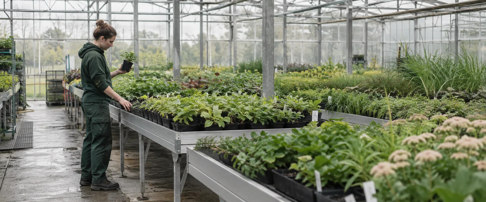 Une professionnelle vérifie des plants dans une pépinière, au milieu des lots en culture.