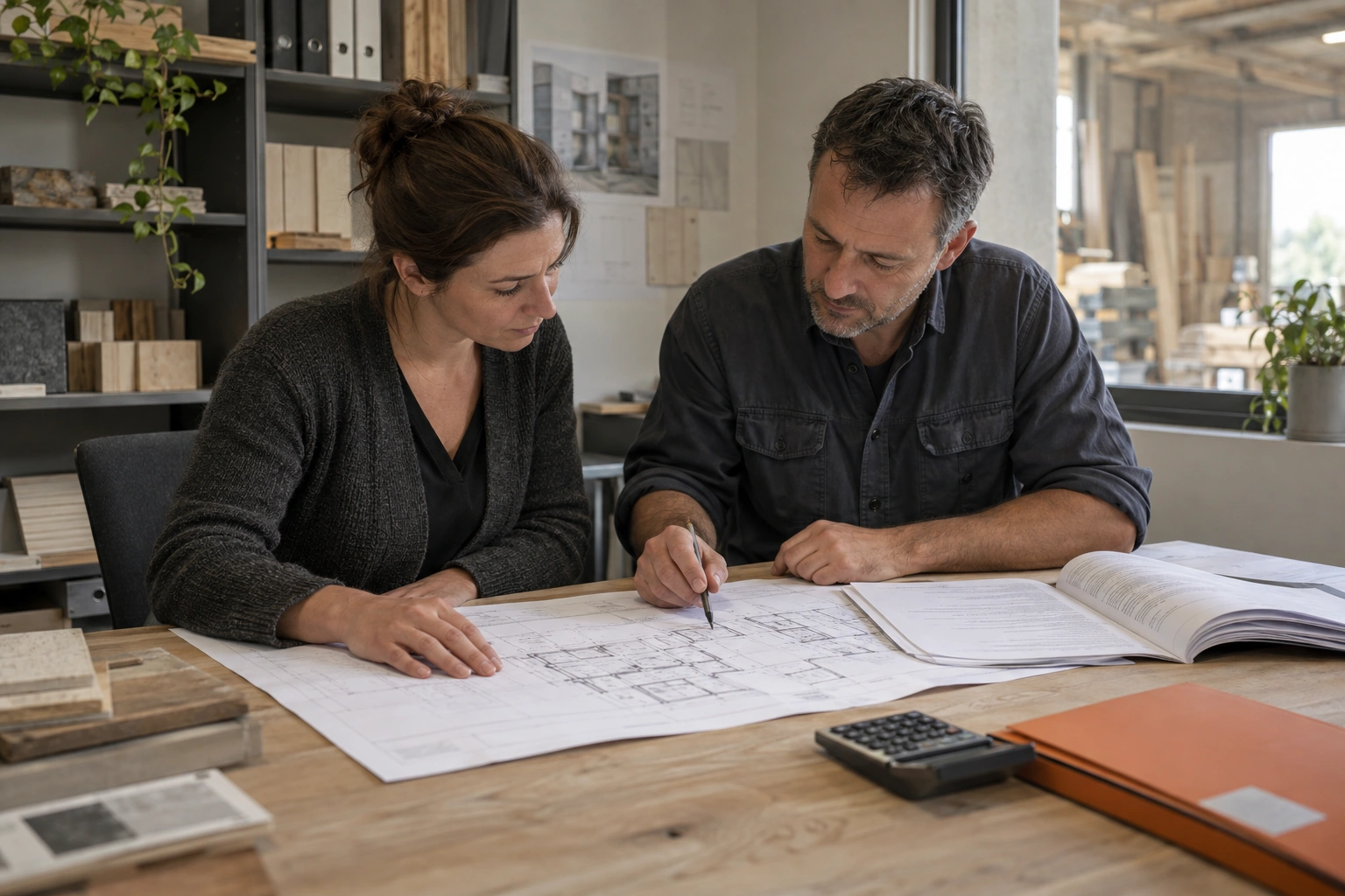 Une équipe du bâtiment étudie les plans et les pièces d’un dossier avant de répondre.